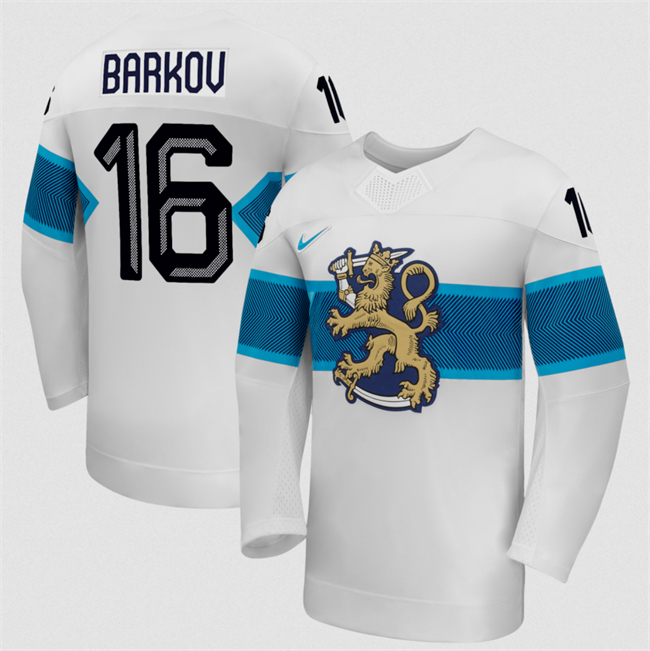 Men's Finland Hockey #16 Aleksander Barkov White 2026 Away Stitched Jersey